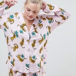 Asos Pjnk Tiger Jungle Lounge Button Down Top
